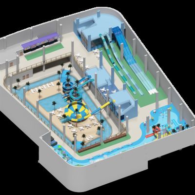 Conception d'un parc aquatique intérieur à deux niveaux de 2500 mètres carrés pour tous les âges