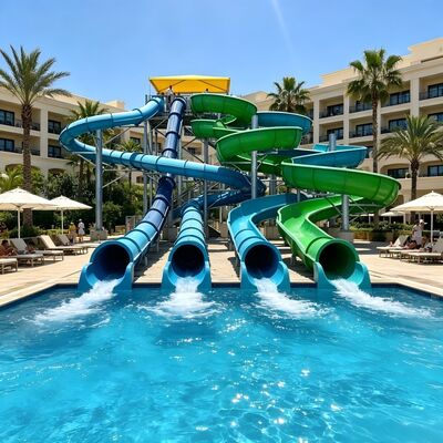 Combinaison de toboggans spiraux en fibre de verre pour un projet professionnel de parc aquatique en plein air