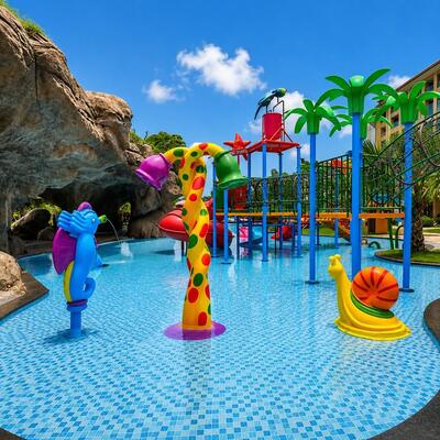 Thème hippocampe et escargot, piscine pour enfants, conception de parc aquatique, système interactif de protection contre les éclaboussures pour Aqua Resort